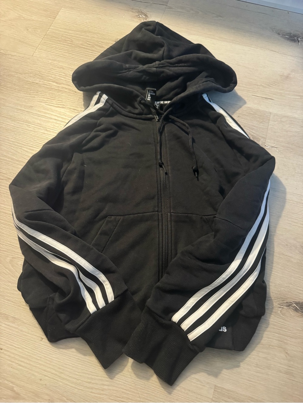 adidas Black Hooded Zip-Up Jacket with White Sleeve Stripes